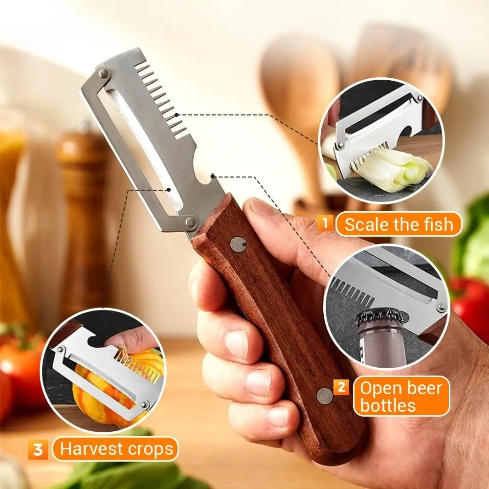 Multi-Functional Kitchen Utensils Vegetable Peeler, 2026 New Stainless Steel Chef Peeler Tool, Wooden Handle Papaya Slicer, Ideal for Home Kitchen Peel