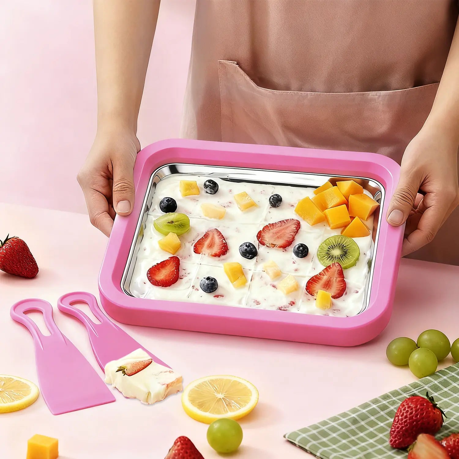 Yocrostar Ice Cream Roller Maker, Countertop Ice Cream Maker Kitchen Gadget with Stainless Steel Pans, Reusable, Includes Spade for Family Fun Frozen Desserts, Sorbet