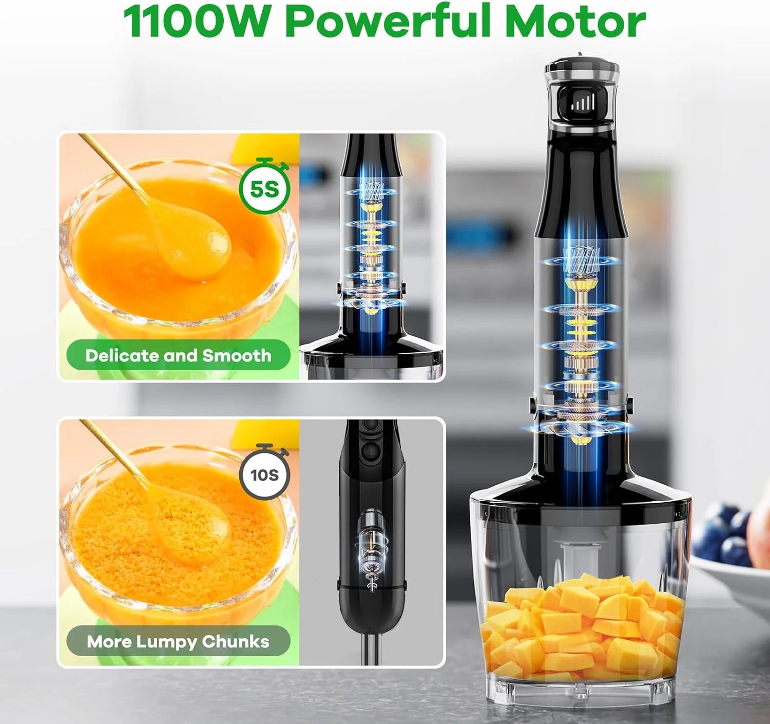 Immersion Blender, 1100W 5-In-1 Hand Blender, Multi-Speed with 600Ml Beaker, Chopper, Whisk & Milk Frother, Ideal for Soup, Baby Food, Sauces, Smoothies & Puree