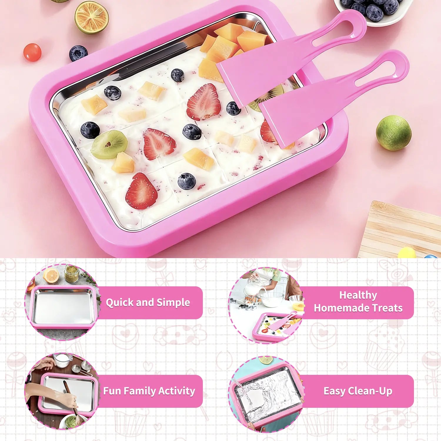 Yocrostar Ice Cream Roller Maker, Countertop Ice Cream Maker Kitchen Gadget with Stainless Steel Pans, Reusable, Includes Spade for Family Fun Frozen Desserts, Sorbet