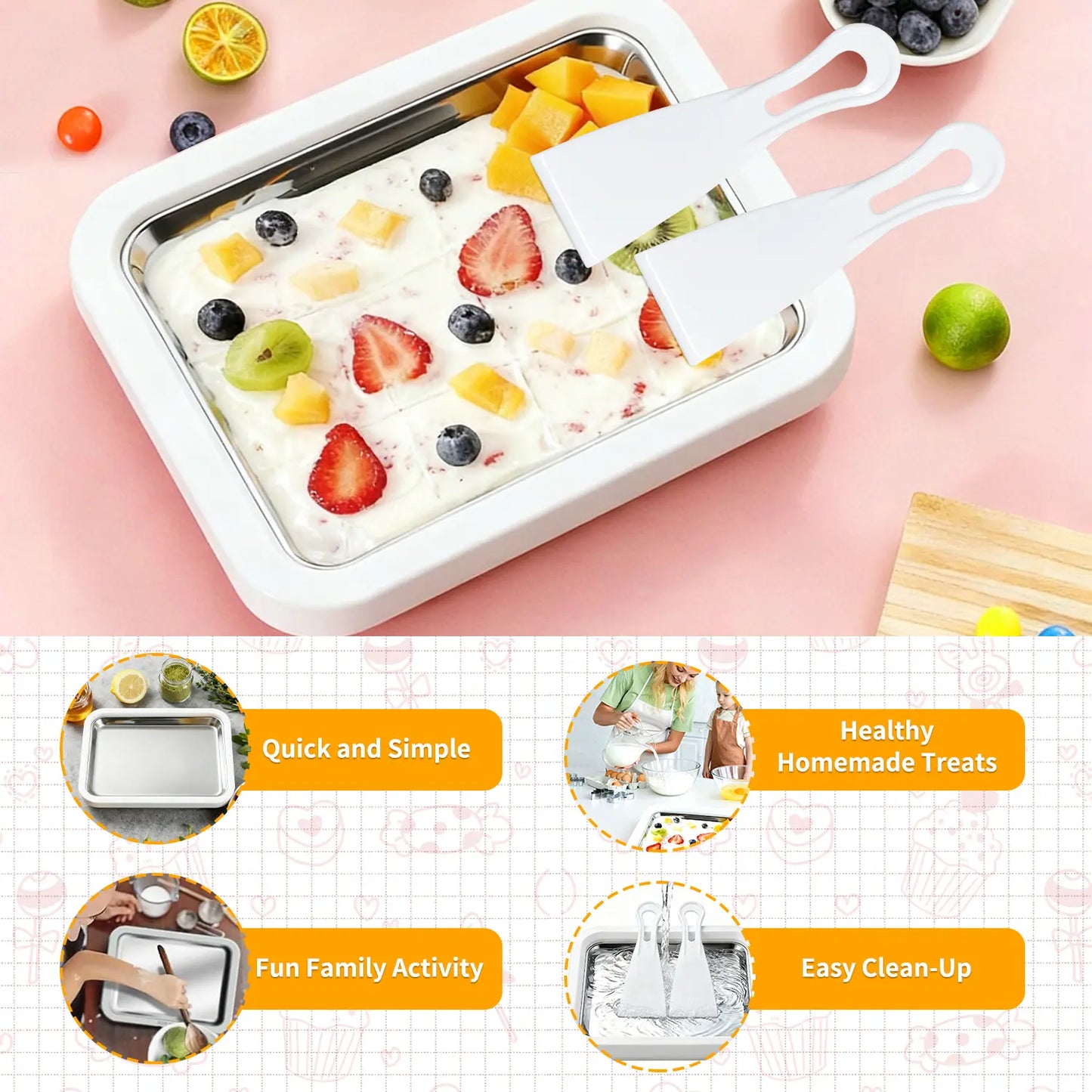 Instant Ice Cream Maker, Rolled Ice Cream Maker, Frozen Yoghurt Plate Instant Gelato Pan/Roll, Homemade DIY for Fun Parent-Child Activities Families White