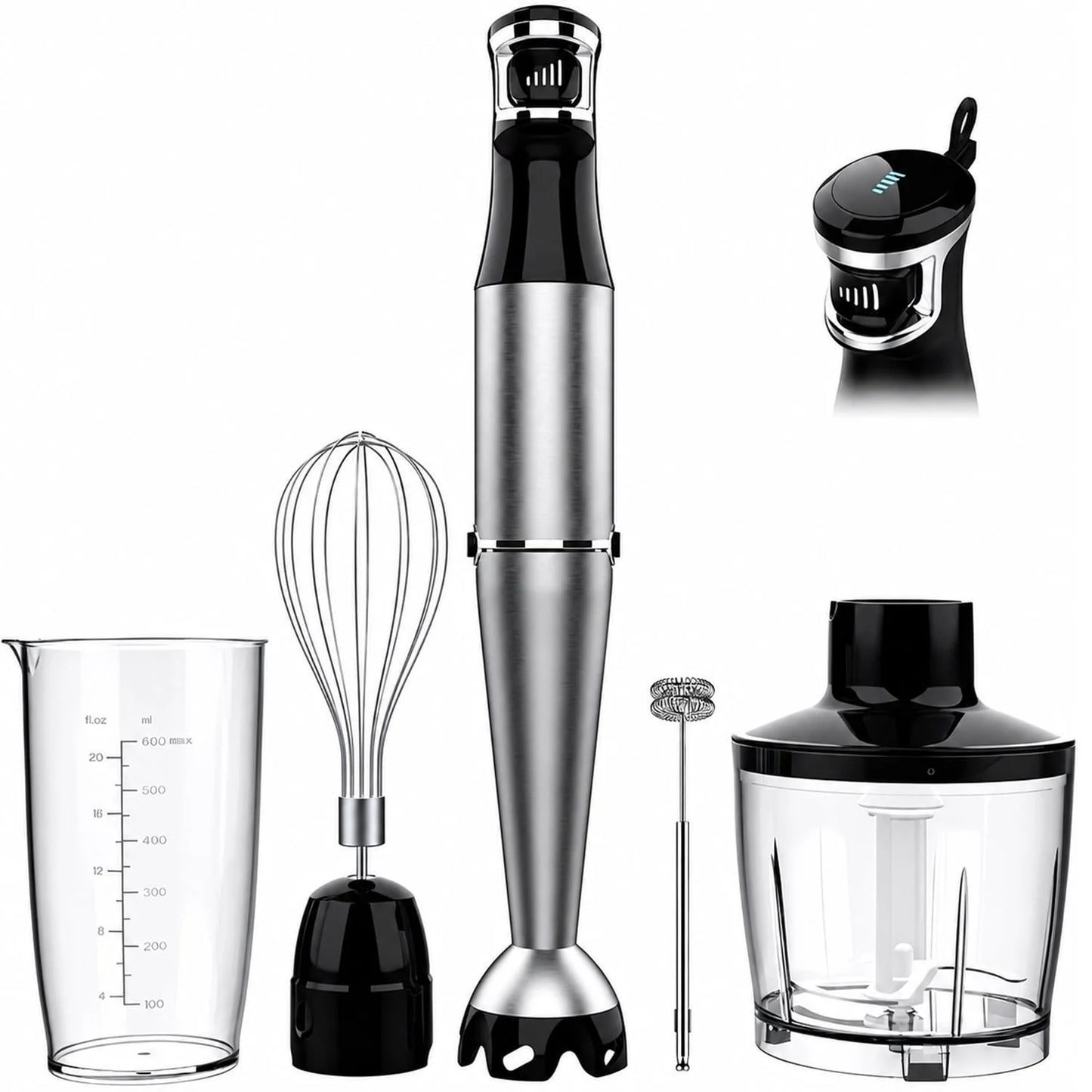 Immersion Blender, 1100W 5-In-1 Hand Blender, Multi-Speed with 600Ml Beaker, Chopper, Whisk & Milk Frother, Ideal for Soup, Baby Food, Sauces, Smoothies & Puree