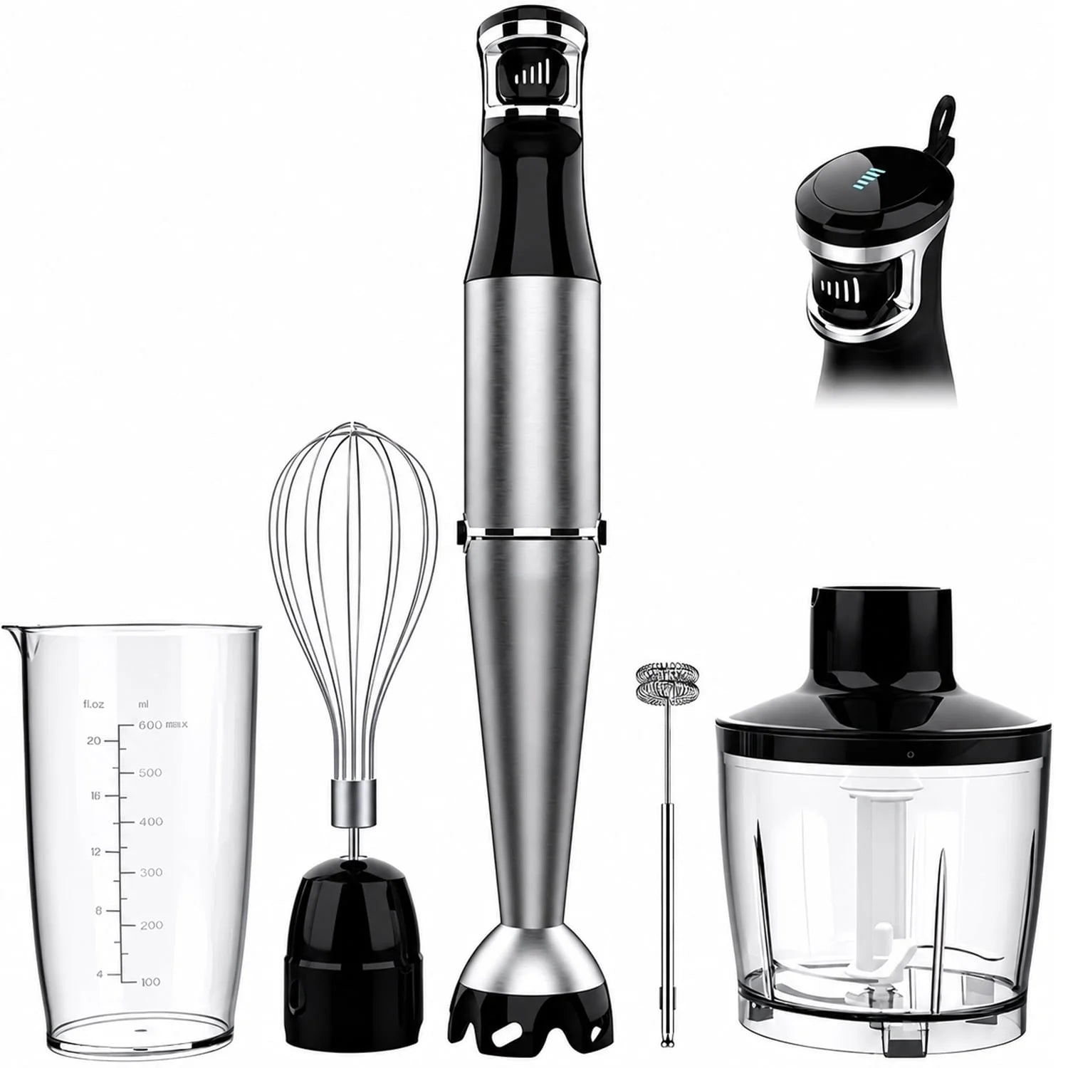 Immersion Blender, 1100W 5-In-1 Hand Blender, Multi-Speed with 600Ml Beaker, Chopper, Whisk & Milk Frother, Ideal for Soup, Baby Food, Sauces, Smoothies & Puree