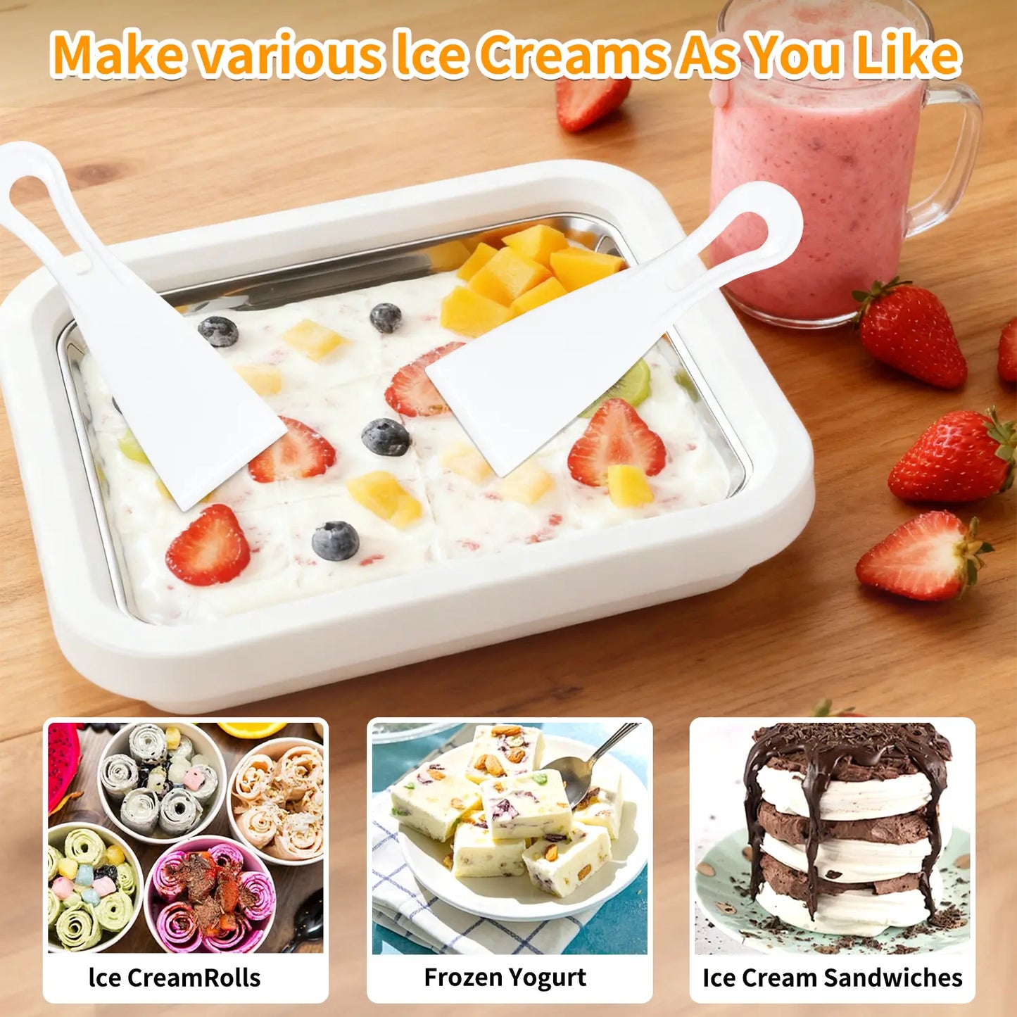 Instant Ice Cream Maker, Rolled Ice Cream Maker, Frozen Yoghurt Plate Instant Gelato Pan/Roll, Homemade DIY for Fun Parent-Child Activities Families White