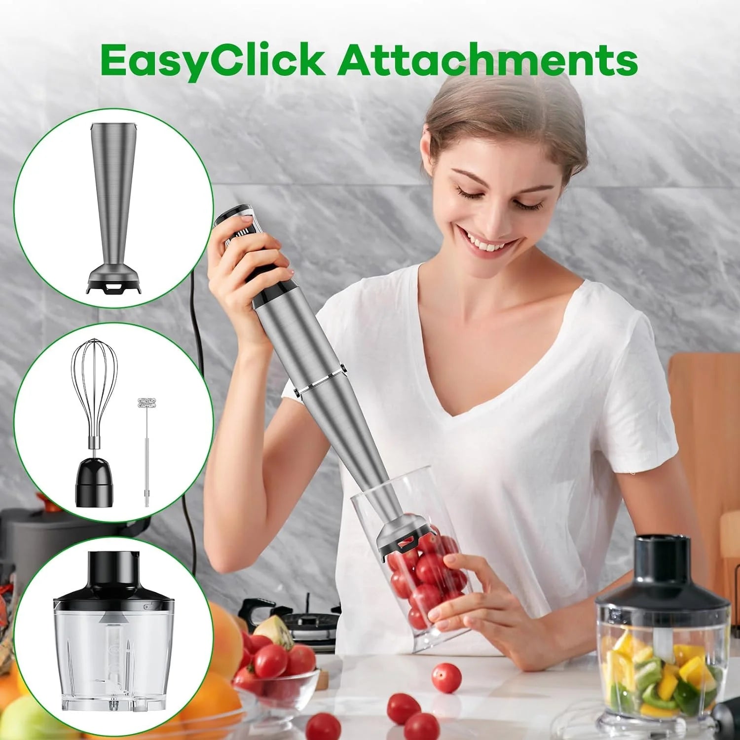 Immersion Blender, 1100W 5-In-1 Hand Blender, Multi-Speed with 600Ml Beaker, Chopper, Whisk & Milk Frother, Ideal for Soup, Baby Food, Sauces, Smoothies & Puree