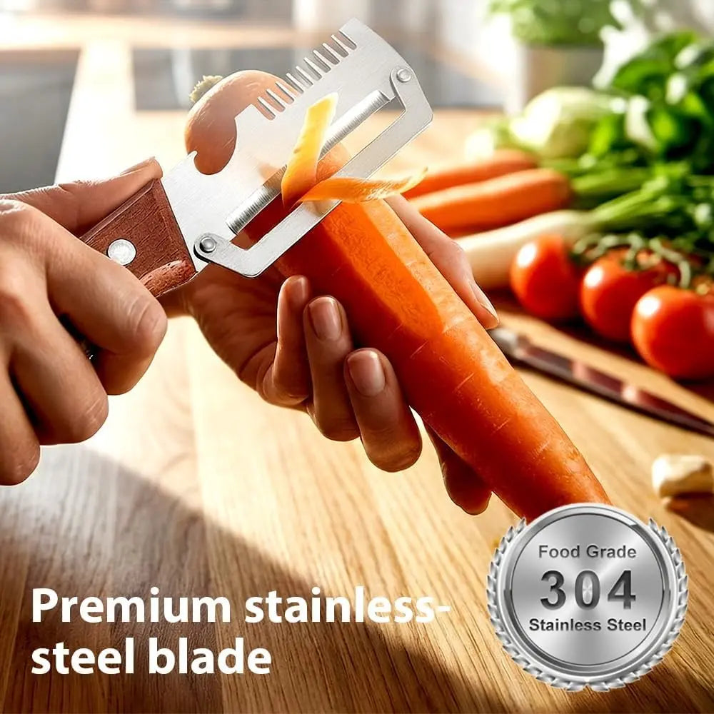 Multi-Functional Kitchen Utensils Vegetable Peeler, 2026 New Stainless Steel Chef Peeler Tool, Wooden Handle Papaya Slicer, Ideal for Home Kitchen Peel