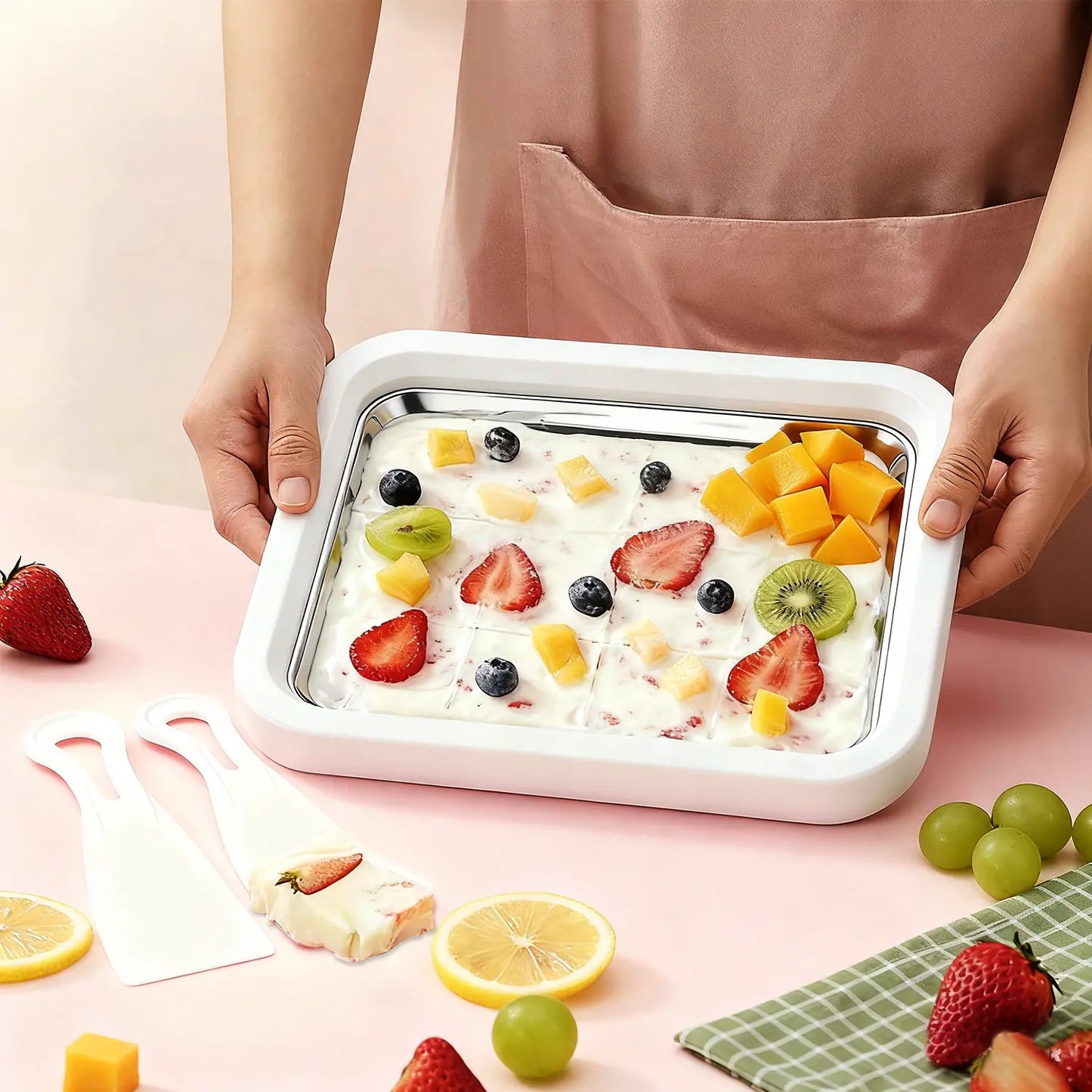 Instant Ice Cream Maker, Rolled Ice Cream Maker, Frozen Yoghurt Plate Instant Gelato Pan/Roll, Homemade DIY for Fun Parent-Child Activities Families White